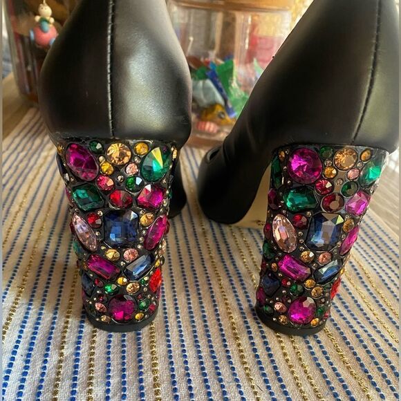 Dolce&Gabbana Heels Pumps Shoes Pointed Toe Black High Block Rhinestone Sz 37 - Picture 8 of 8